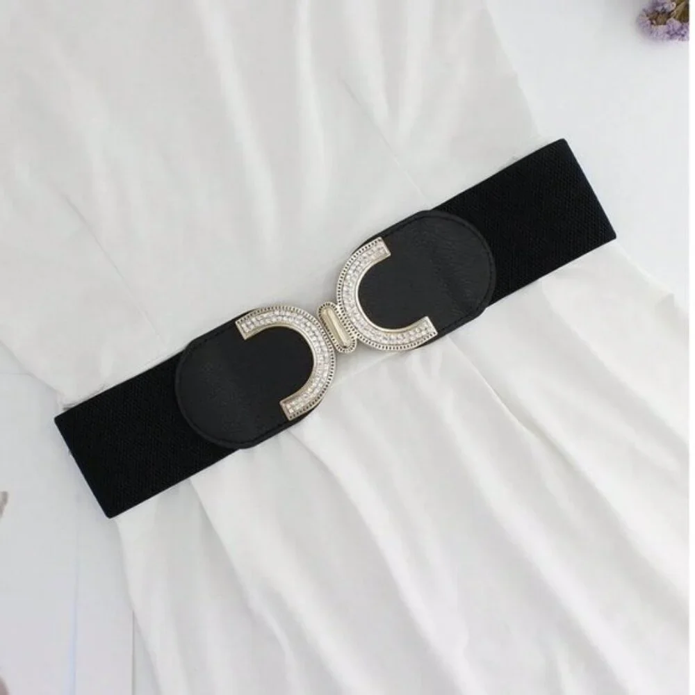 Rhinestone Buckle With Elastic Waist Belt Black
